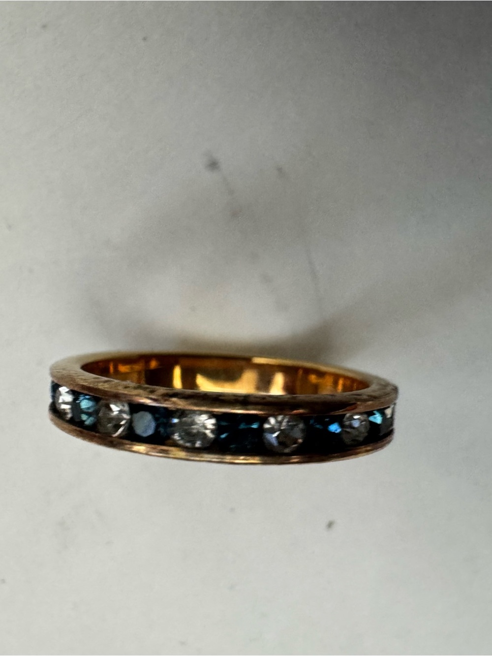 Gold Tone Blue Sapphire Clear Crystal Channel Set Eternity Band Ring Size 6.5